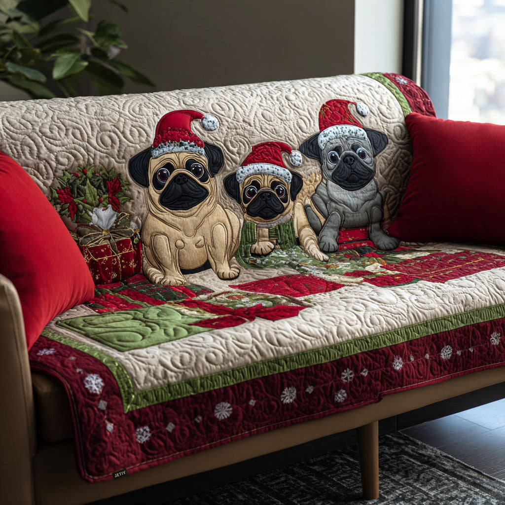 Christmas Pugs quilted sofa cover – pugs in Santa hats