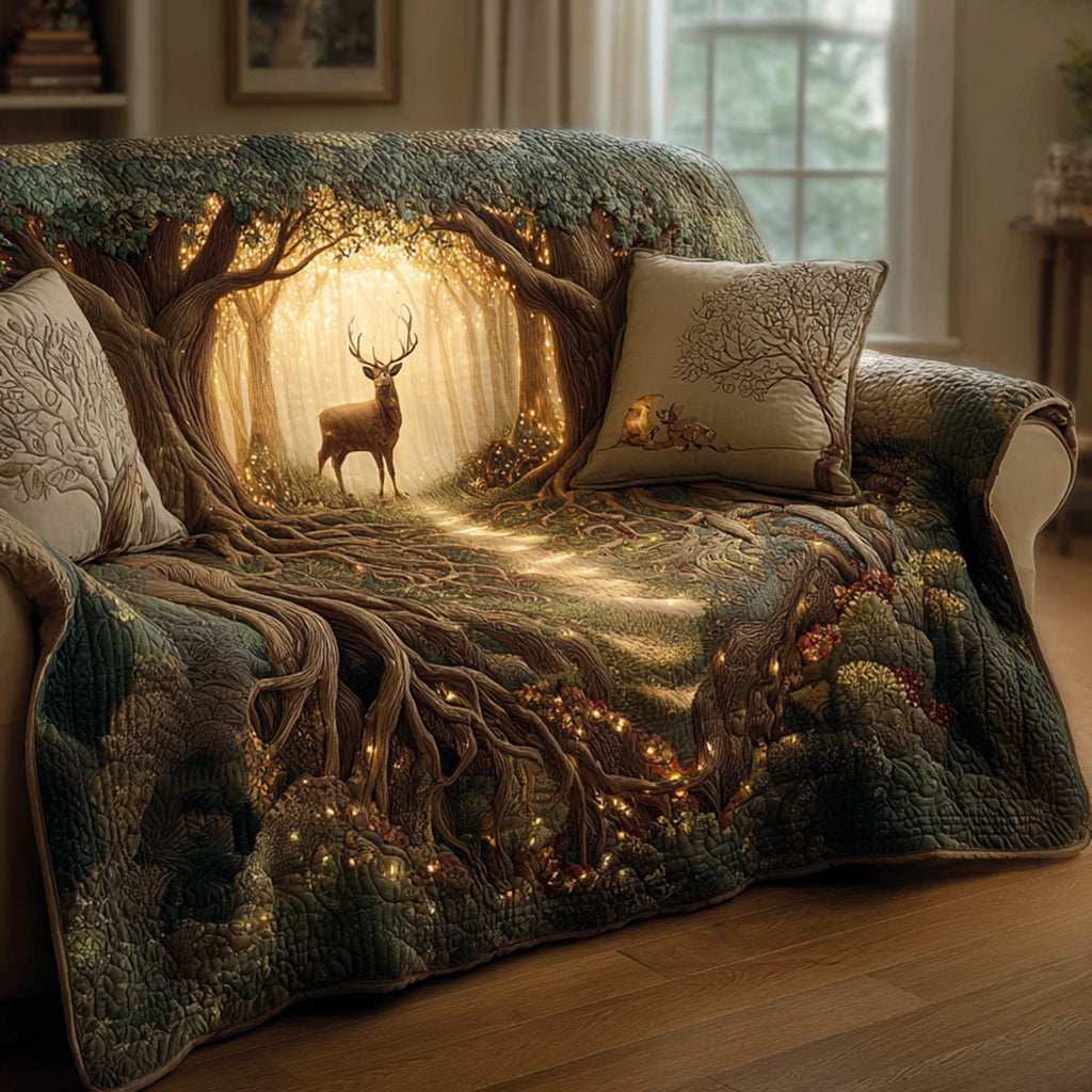 Enchanted Stag quilted sofa cover – stag in a glowing forest clearing