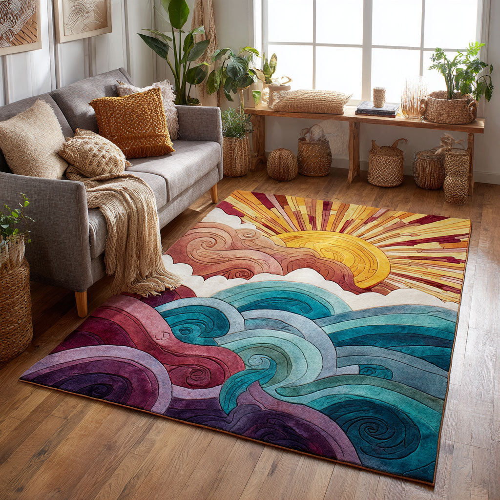 Aurora Dawn rug – sun over swirling waves