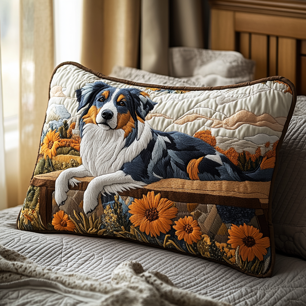 Aussie Shepherd and Sunflowers quilted pillowcase – australian Shepherd among sunflowers