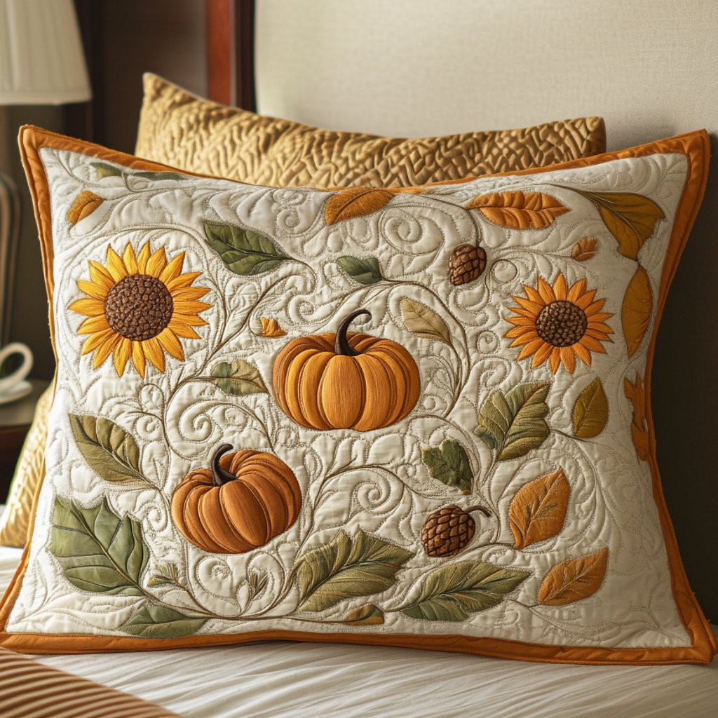 Sunflowers and Pumpkins quilted pillowcase – sunflowers and little pumpkins on cream
