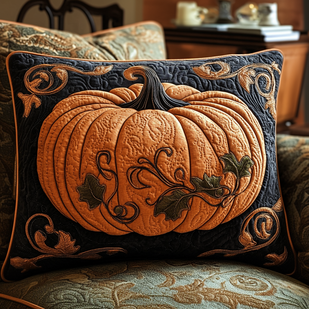 Harvest Pumpkin on Black quilted pillowcase – large orange pumpkin with copper scrolls
