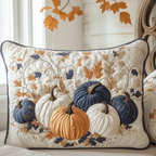 Navy and White Pumpkins quilted pillowcase – navy, orange and white pumpkins on cream
