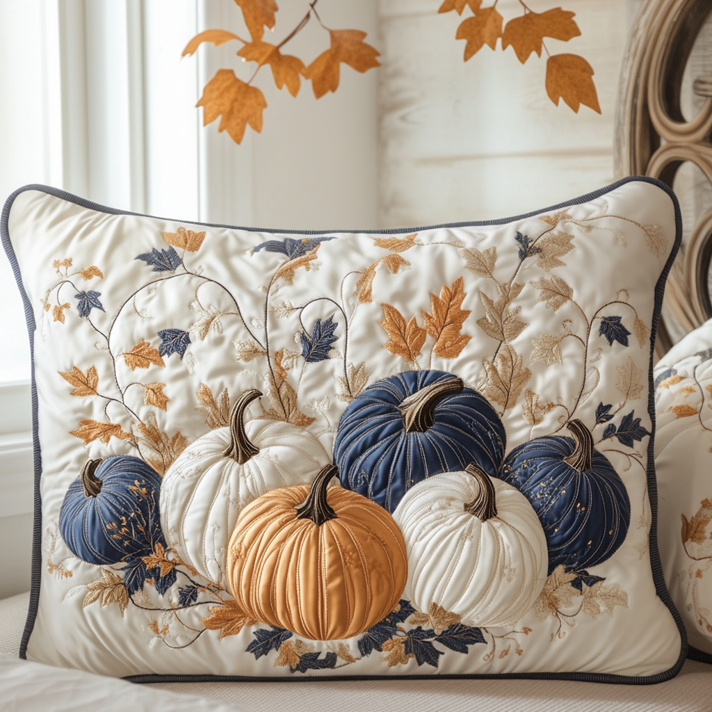 Navy and White Pumpkins quilted pillowcase – navy, orange and white pumpkins on cream