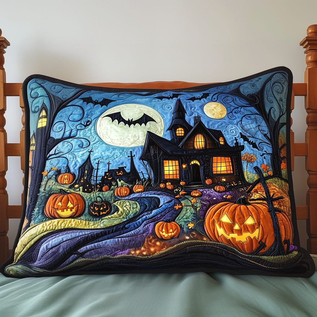 Haunted Hill quilted pillowcase – haunted house and jack-o'-lanterns under a full moon