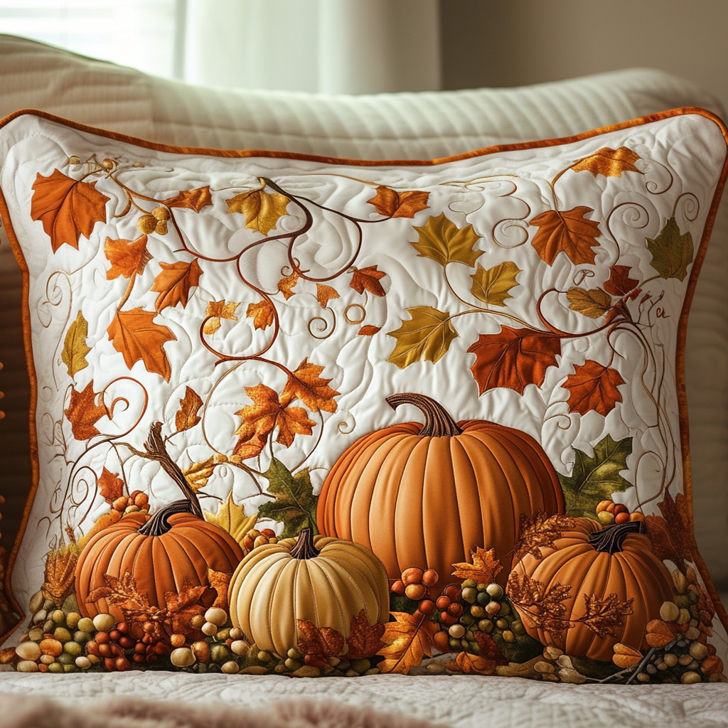 Autumn Vines quilted pillowcase – pumpkins beneath swirling autumn vines