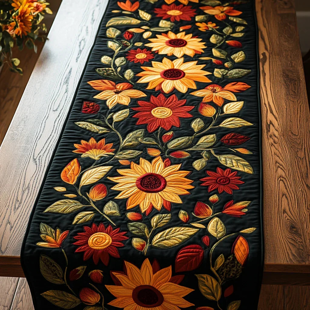 Autumn Sunflowers quilted table runner laid down the centre of a dining table