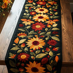 Autumn Sunflowers quilted table runner laid down the centre of a dining table