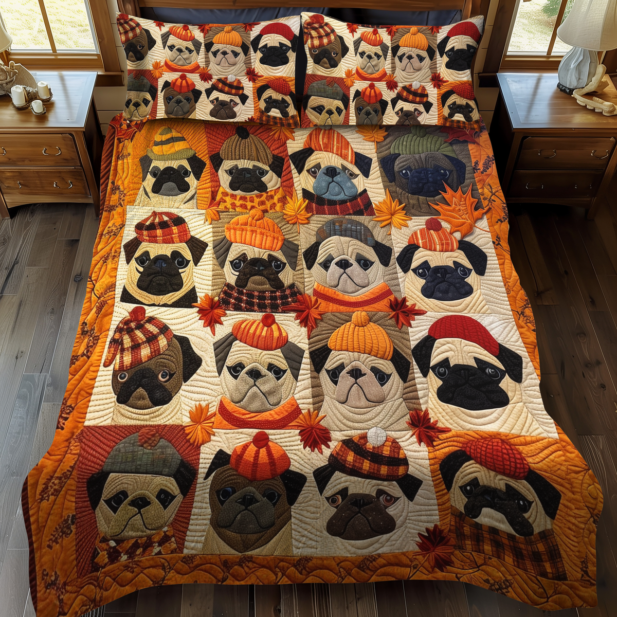 3-Piece Quilted Bedspread Set - Autumn Pugs – view 2