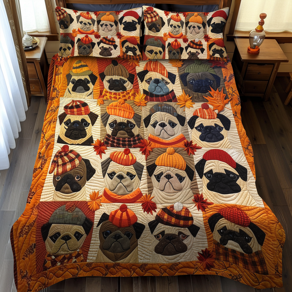 Autumn Pugs quilted bedspread set – pugs in autumn hats on orange and cream squares