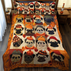 Autumn Pugs quilted bedspread set – pugs in autumn hats on orange and cream squares