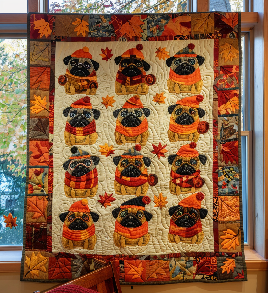 Autumn Pugs quilted throw – pugs in autumn hats on cream