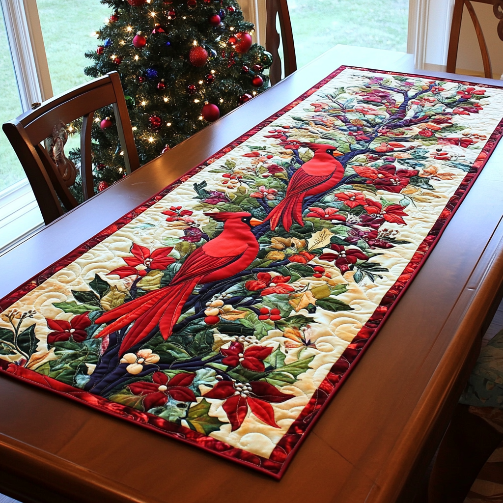 Autumn Cardinals quilted table runner – cardinals among autumn leaves