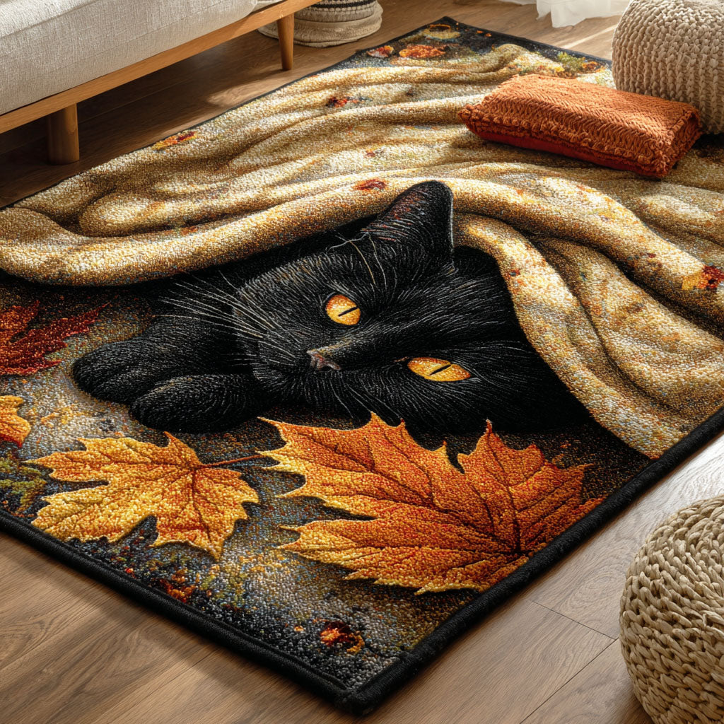 Autumn Cat rug – black cat under a blanket