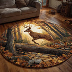 Autumn Deer Leap round quilted mat – stag in autumn forest