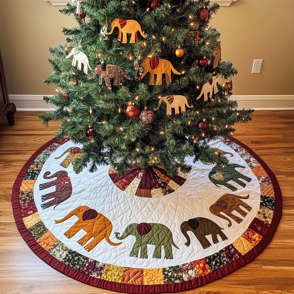Autumn Elephant Parade quilted Christmas tree skirt – patchwork elephants in rust, olive and mustard around a cream centre