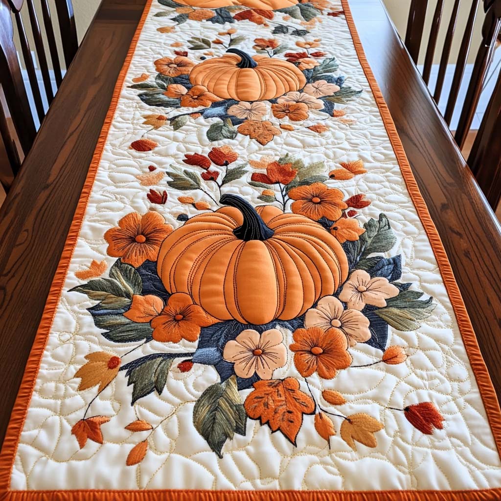 Pumpkin Blossoms quilted table runner – pumpkins and blossoms on cream