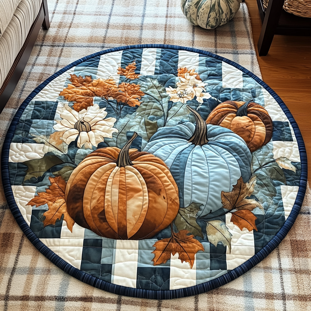 Autumn Essence round quilted mat – pumpkins on blue patchwork