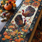 Turkey Pair Harvest quilted table runner – two turkeys among pumpkins