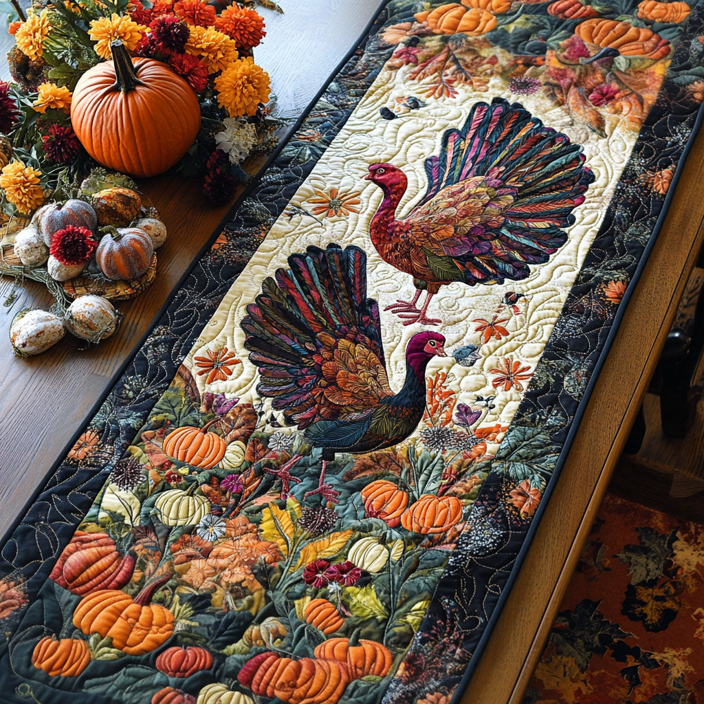Turkey Pair Harvest quilted table runner – two turkeys among pumpkins