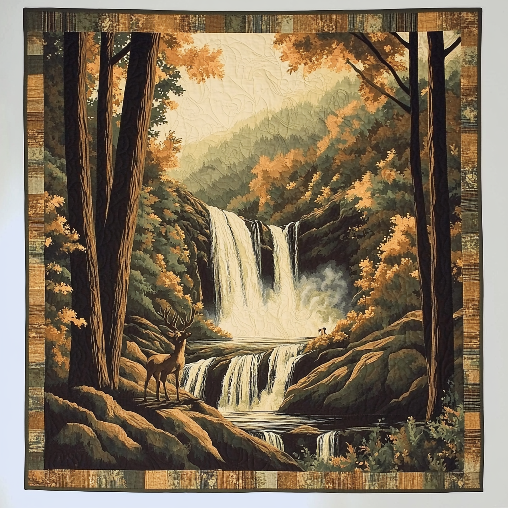 Woodland Waterfall art quilt – forest waterfall