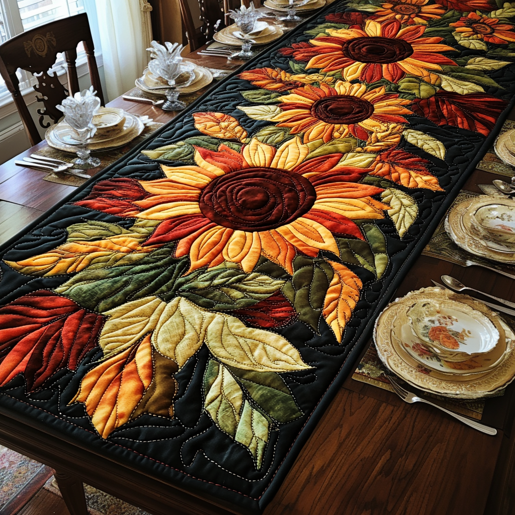 Sunflower Leaves quilted table runner – sunflowers and red leaves