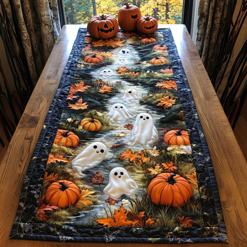 Pumpkin Ghosts quilted table runner – ghosts among pumpkins