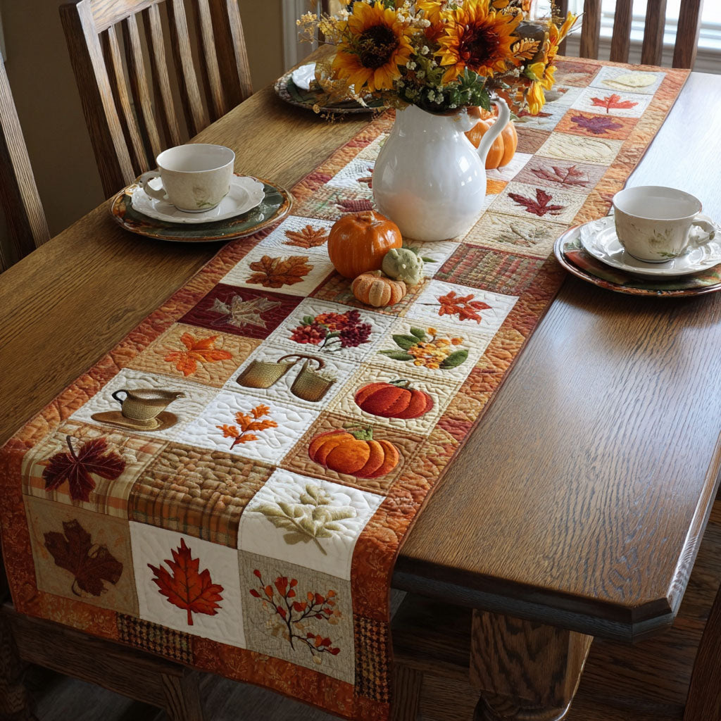 Autumn Leaf Patchwork quilted table runner – leaves and pumpkins in patchwork