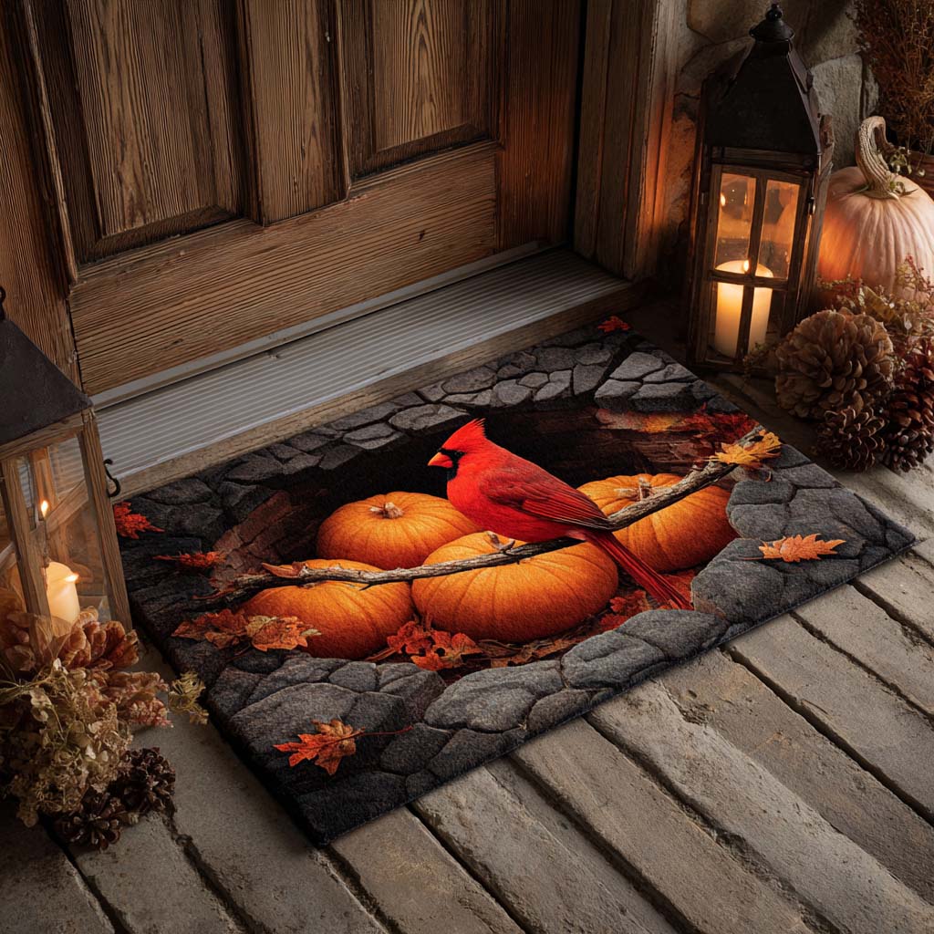 Autumn Glow Cardinal doormat – cardinal and pumpkins