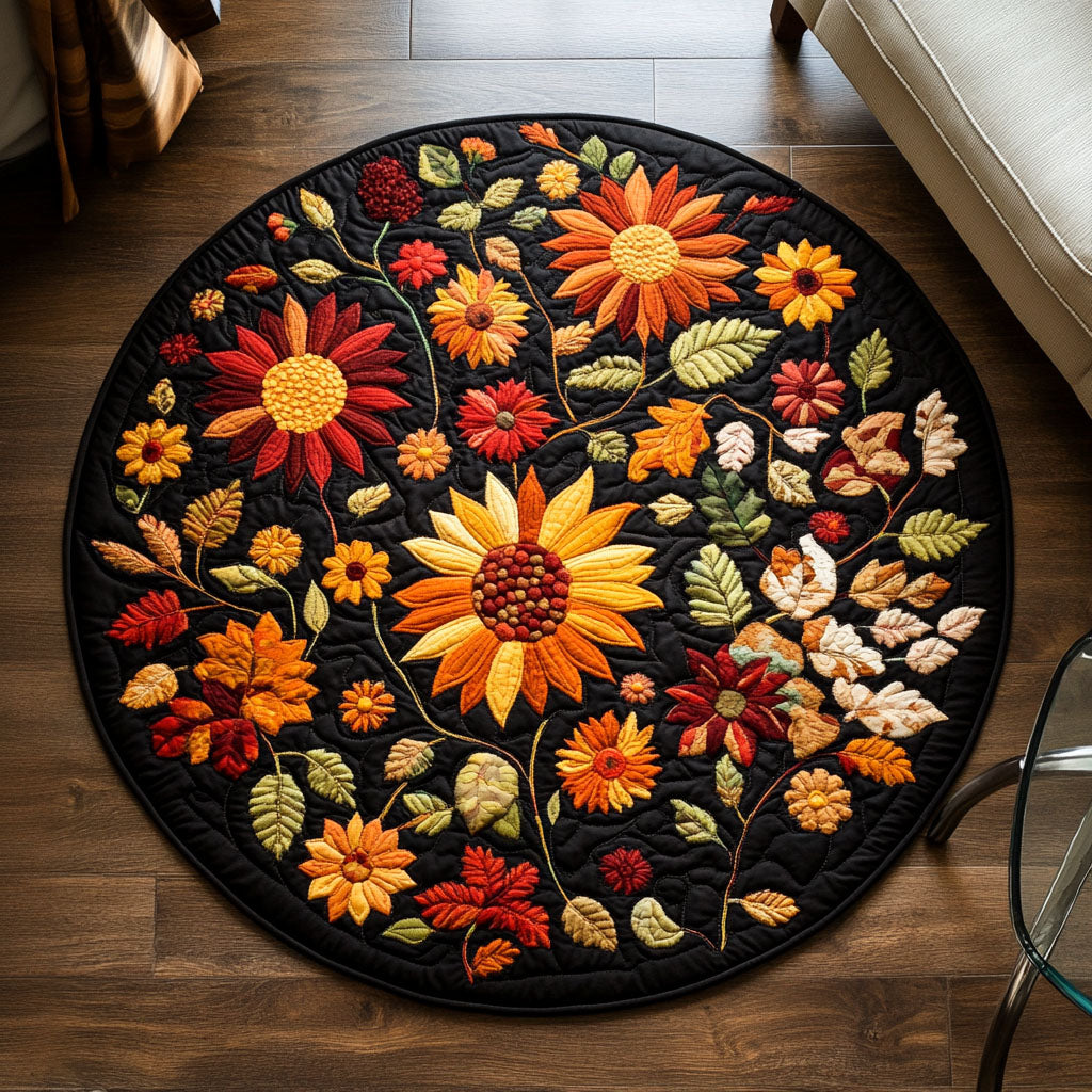 Autumn Glow Florals round quilted mat – autumn florals on black