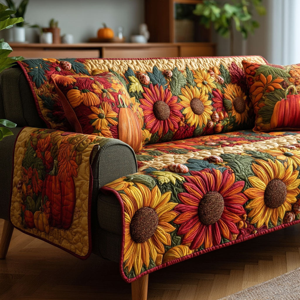 Sunflower Harvest quilted sofa cover – sunflowers and pumpkins in autumn tones