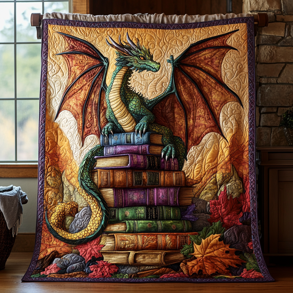 Dragon and Books quilted throw – green dragon on a stack of books