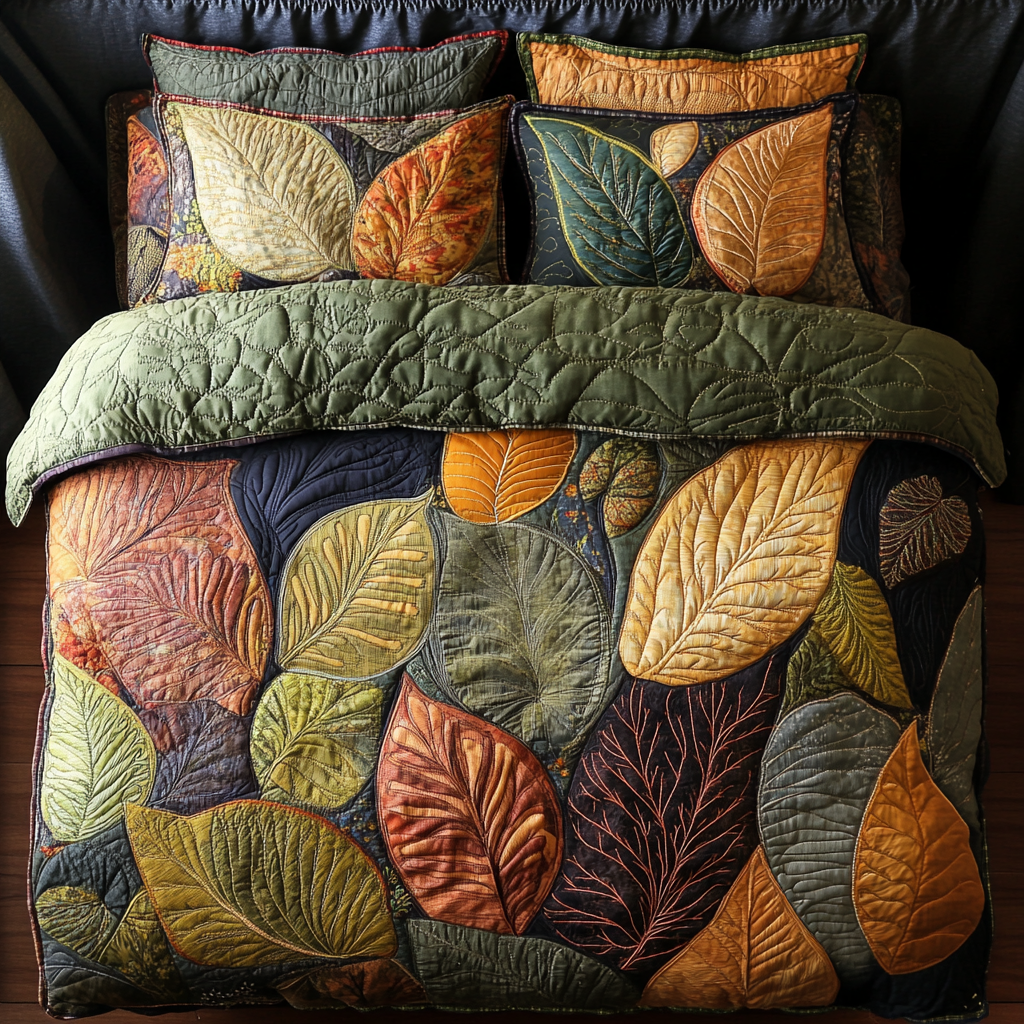 Autumn Leaves Patchwork quilted bedspread set – patchwork leaves in copper, gold and sage