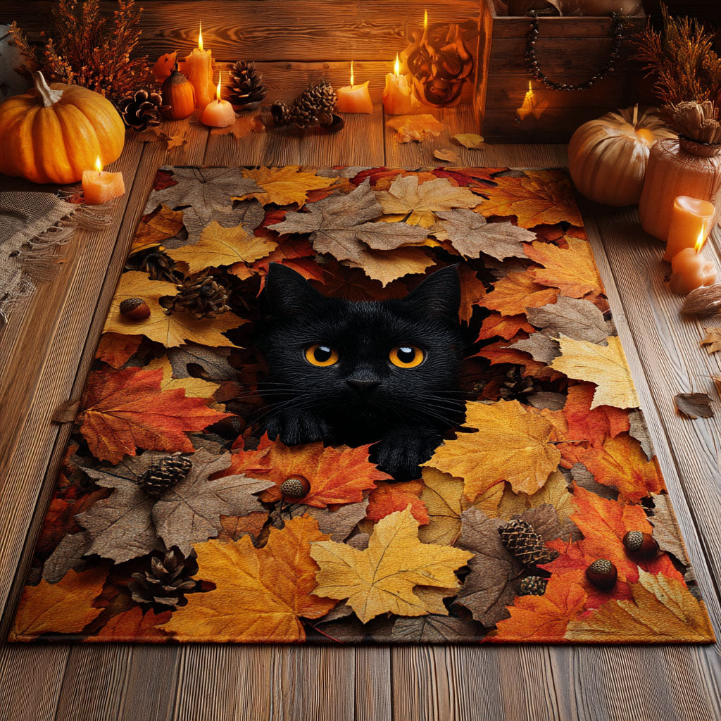 Autumn Leaf Cat rug – black cat in leaves