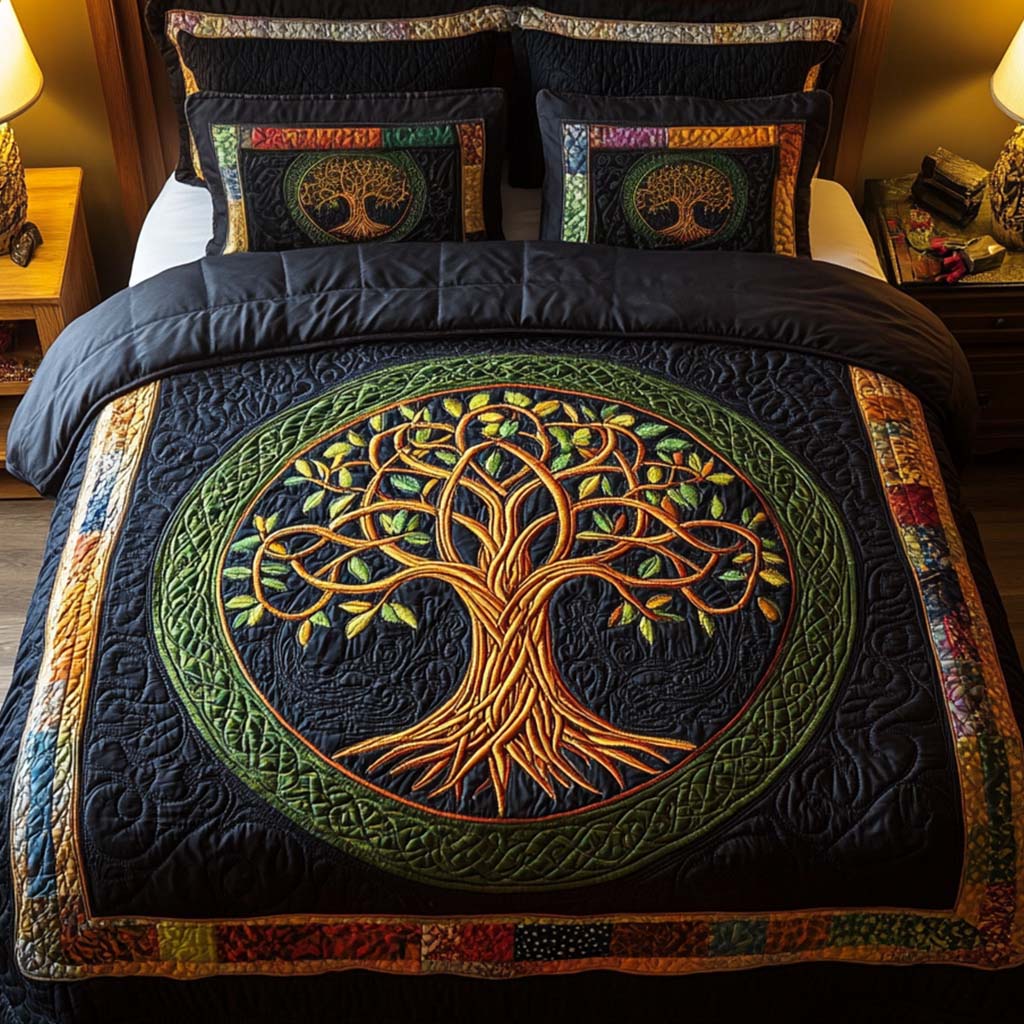 Golden Tree of Life quilted bedspread set – golden tree of life in a green circle on navy