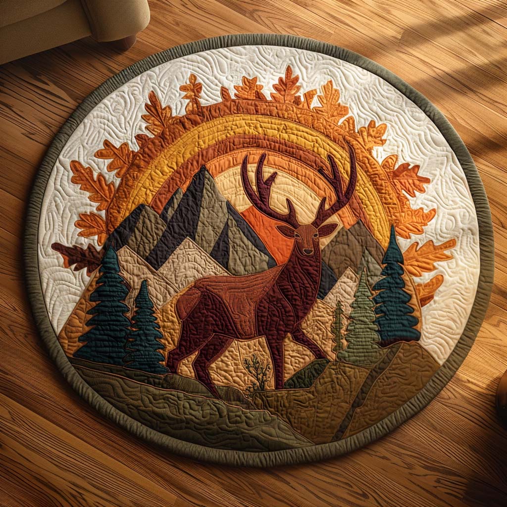 Autumn Majesty round quilted mat – stag under autumn arch