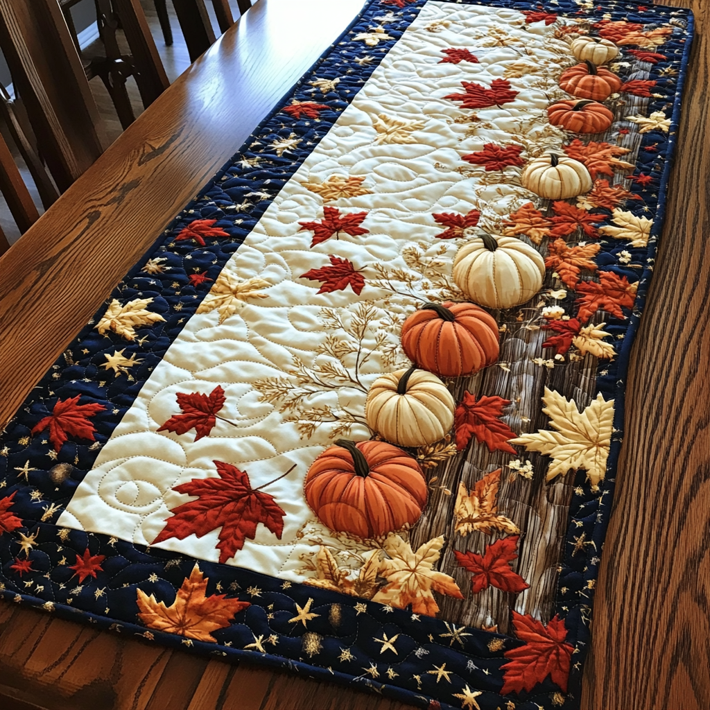 Pumpkin Trail quilted table runner – pumpkins trailing on cream