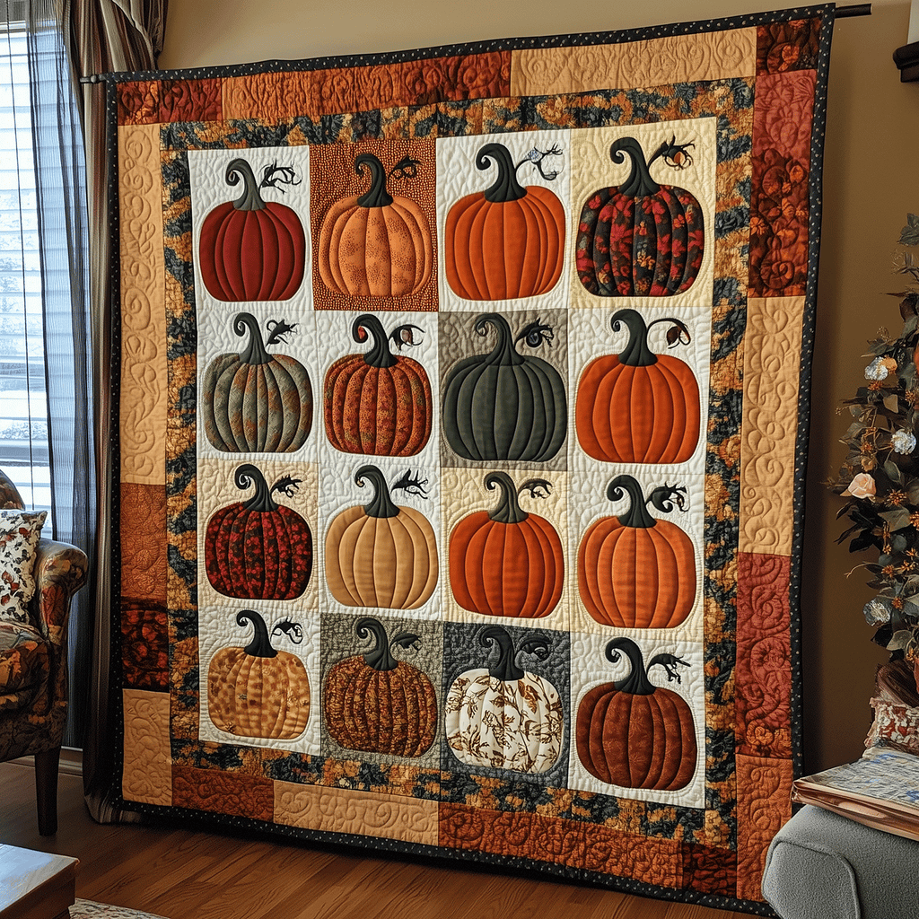 Pumpkin Patchwork quilted throw – pumpkins in neat patchwork squares