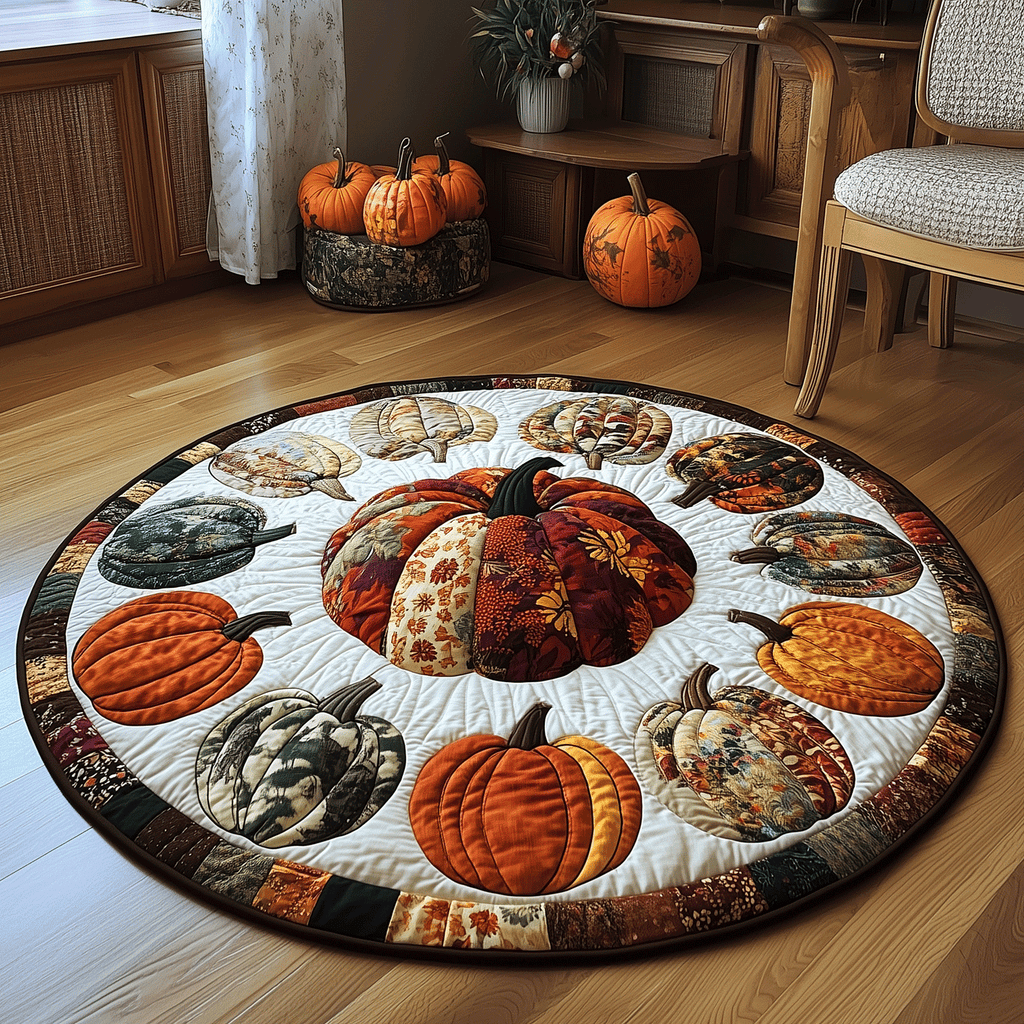 Pumpkin Patch Ring round quilted mat – patchwork pumpkins