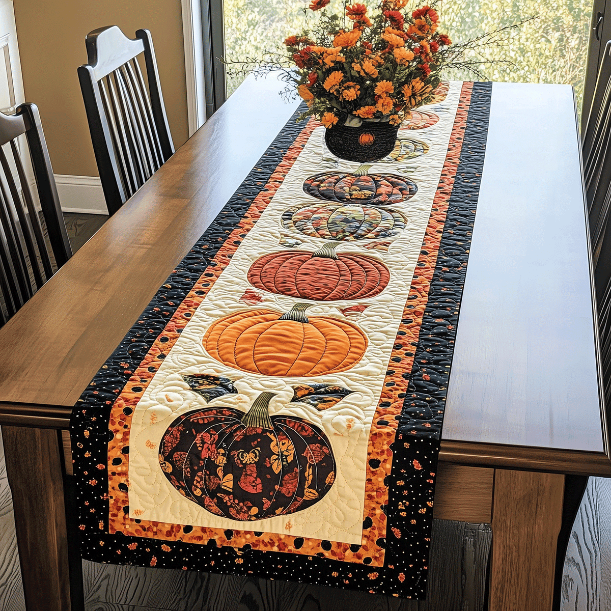 Pumpkin Parade Black quilted table runner – patterned pumpkins on cream