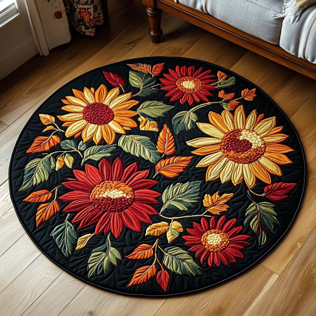 Autumn Glow Blooms round quilted mat – sunflowers on black