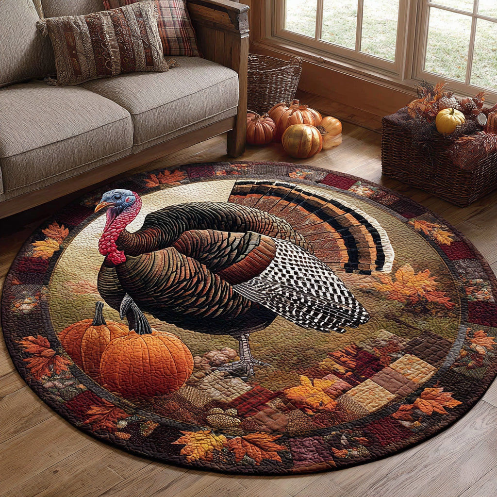 Autumn Strut round quilted mat – turkey and pumpkins