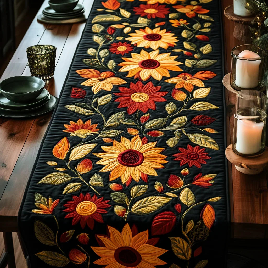 Quilted table runner with an Autumn Sunflowers design of large golden sunflower heads with deep yellow petals against warm autumn browns