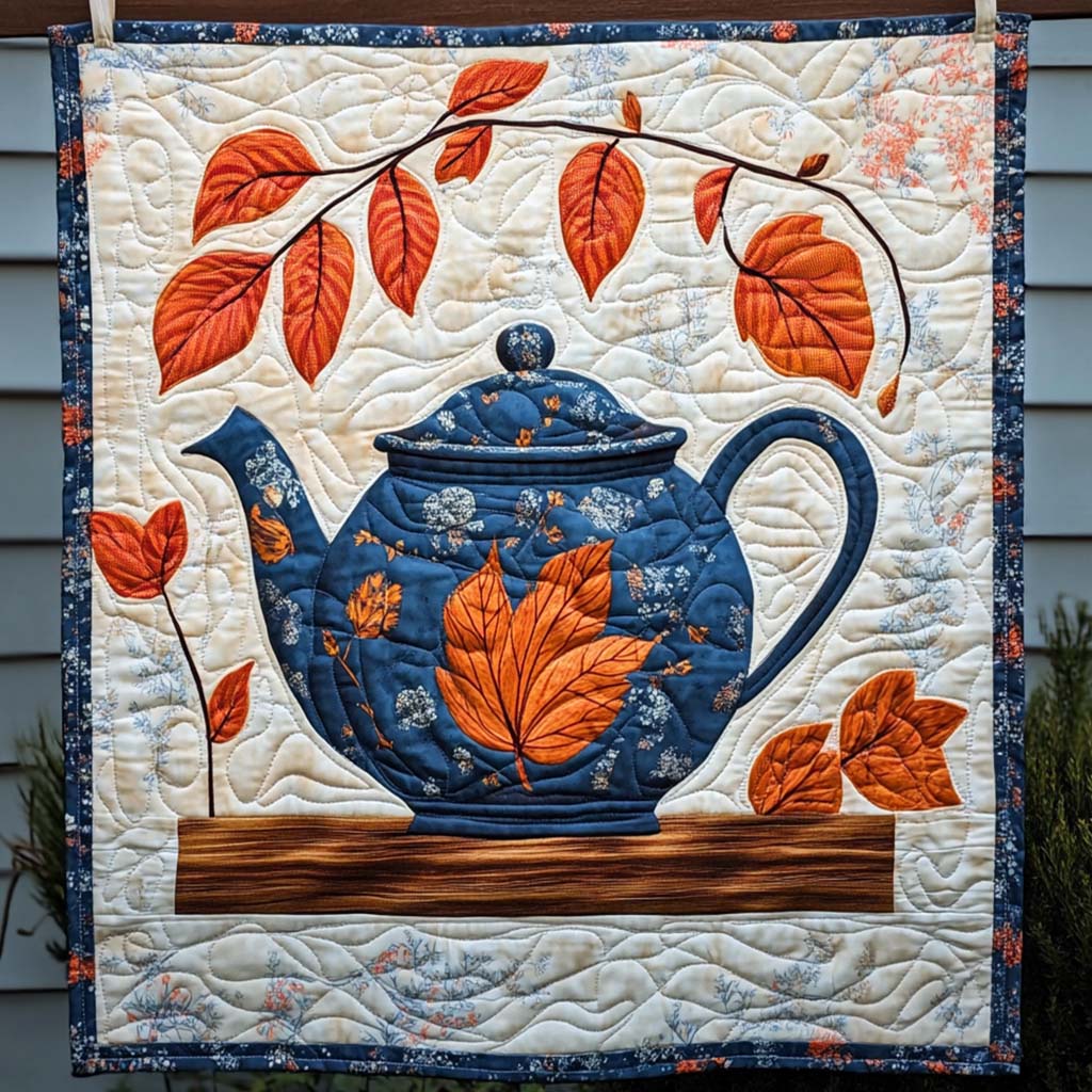 Autumn Teapot art quilt – teapot and leaves