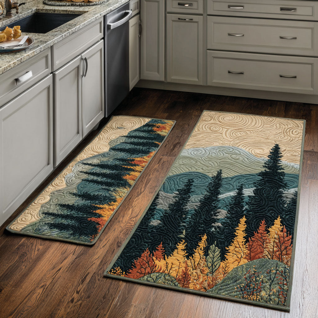 Autumn Pines kitchen mat set – pines and golden trees