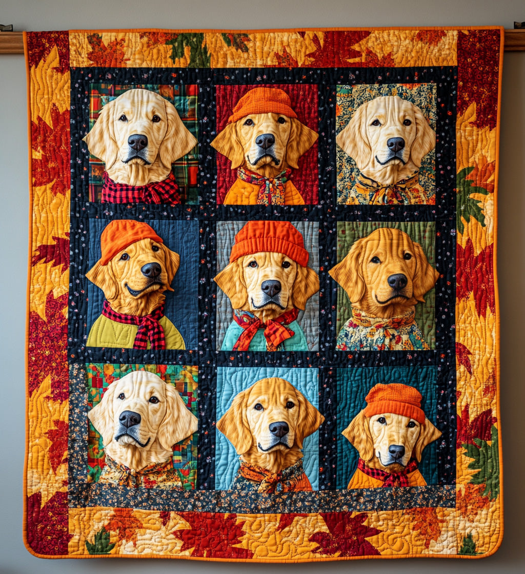 Retriever Patchwork quilted throw – golden Retrievers in navy and gold squares