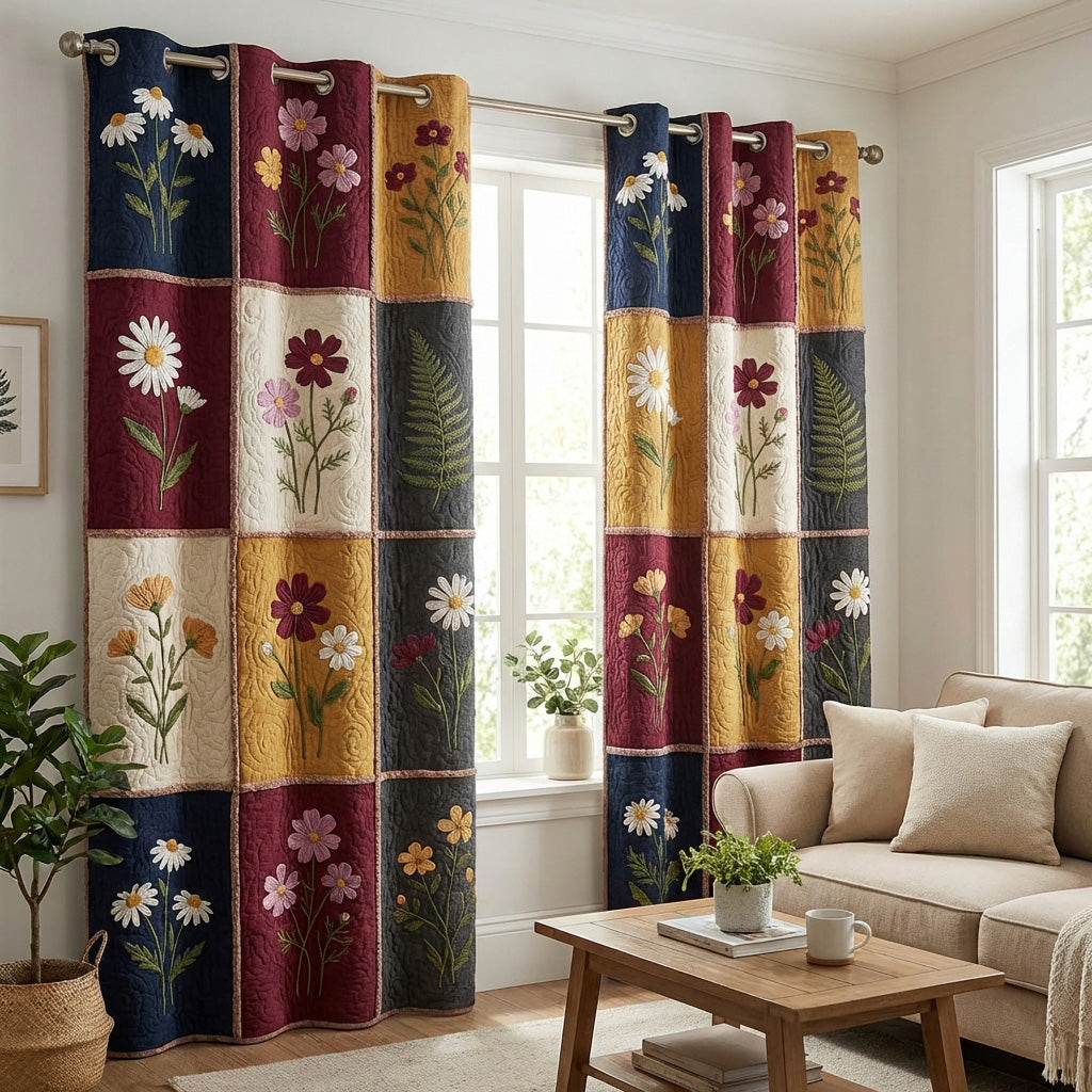 Wildflower Squares quilted curtains – wildflowers in patchwork squares