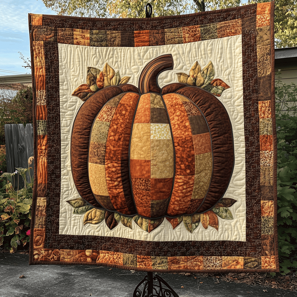Patchwork Pumpkin quilted throw – large patchwork pumpkin on cream