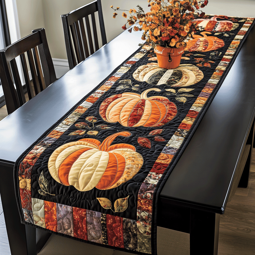 Pumpkin Night quilted table runner – pumpkins on black