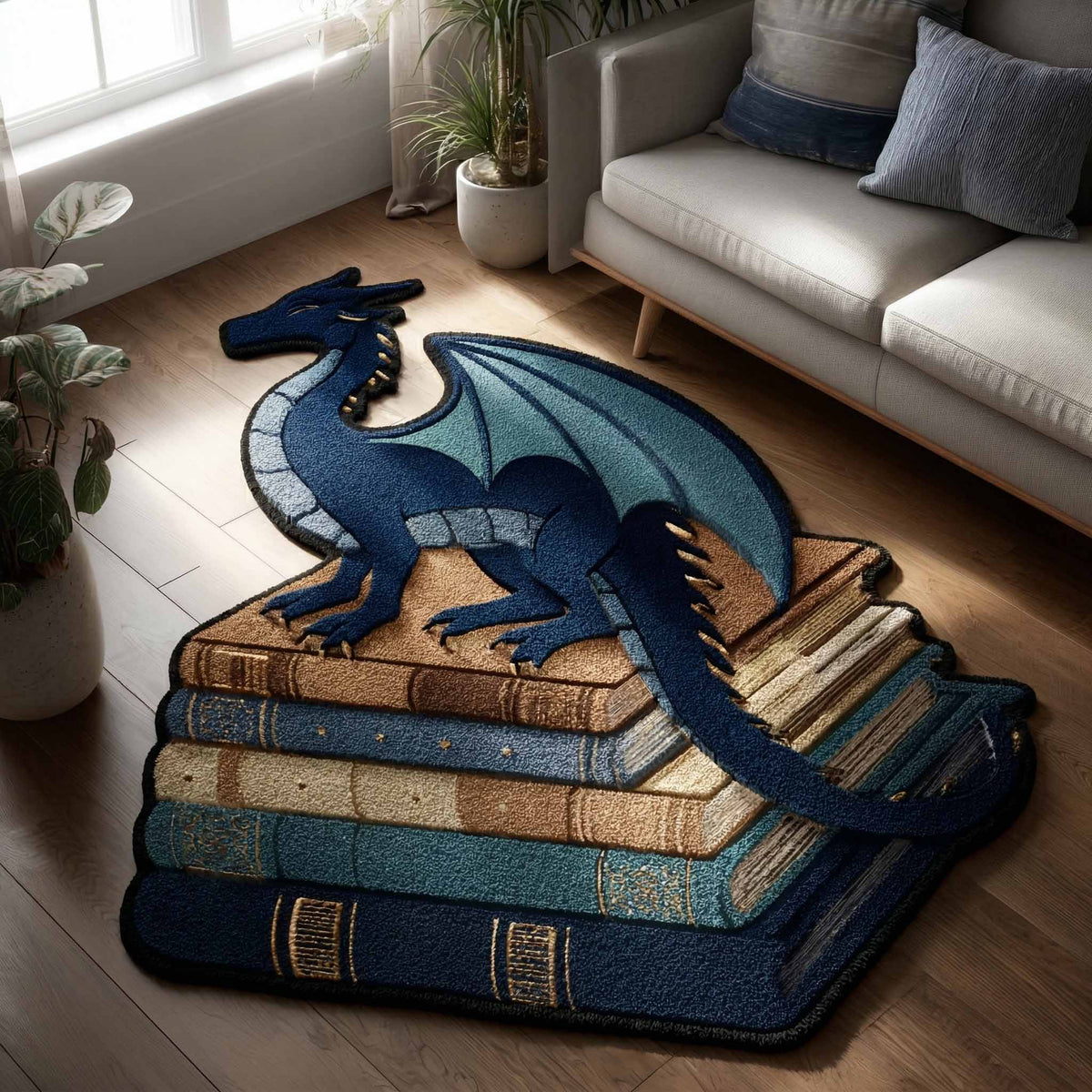 Azure Drake shaped rug – blue dragon on books